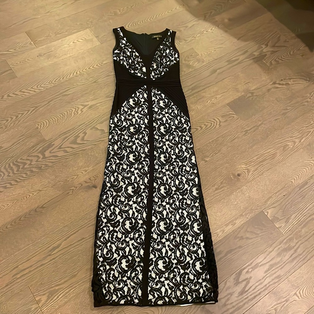 Tadashi Shoji black lace white underlay gown, size 4